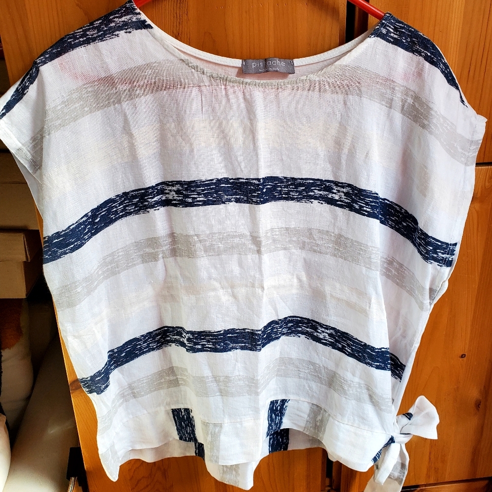 Pistache Women's White, Blue & Grey Striped Linen Front Sleeveless Top Size L/XL
